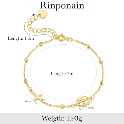 Gold Bracelets for Women 14K Gold Bracelets for Women Beaded Bracelet for Womens Polished Beads Delicate Cross and Petite Virgin Mary Charm Gold Cross Bracelet for Womens