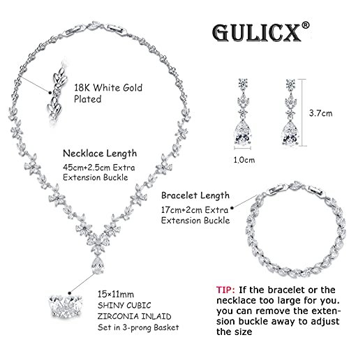 GULICX Wedding Jewelry for Bride, Silver Bridal Necklace Earrings Bracelet Set with Clear Cubic Zirconia, Bridemaids Jewelry Set for Wedding, Crystal Wedding Party Jewelry Set for Women Girls - color: White gold plated