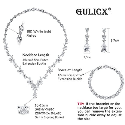 GULICX Wedding Jewelry for Bride, Silver Bridal Necklace Earrings Bracelet Set with Clear Cubic Zirconia, Bridemaids Jewelry Set for Wedding, Crystal Wedding Party Jewelry Set for Women Girls - color: White gold plated