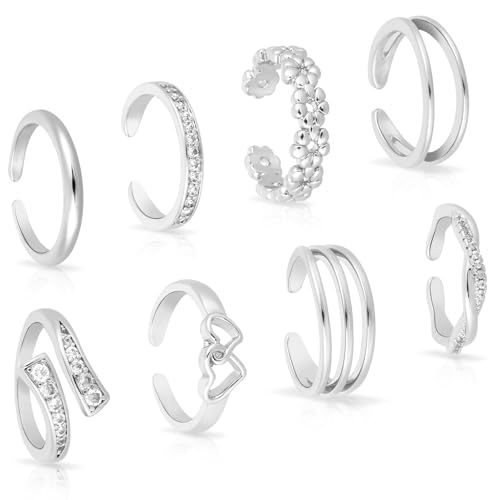 Mikovivi 8pcs Toe Rings for Women, Copper Adjustable Open Toe Rings in 8 Elegant Styles Feet Decoration Beach Jewelry for Women Summer Accessory - color: Silver