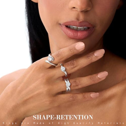 SAVORI Stainless Steel Round CZ Adjustable Ring Set for Women, 3 Styles (Closed Band, Open Bypass, Double Open Band), Hypoallergenic Solitaire Stackable Jewelry Gifts