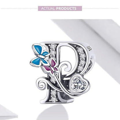 S925 Silver Butterfly Initial Letter Charms Fit for Pandora Charms Bracelets and Necklace Alphabet Bead Charms Jewelry Gifts for Women - color: P