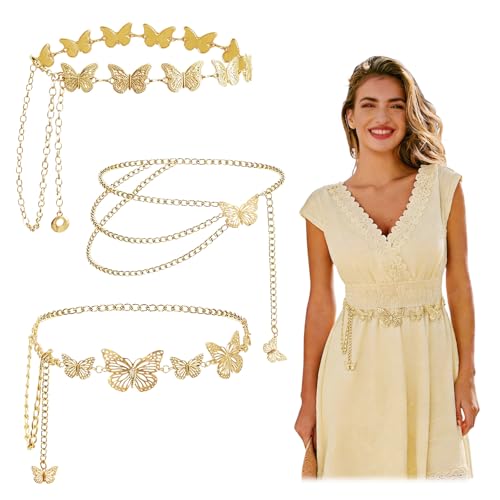3 Pcs Gold Chain Belt for Women, Adjustable Waist Chain with Clover Butterfly Disc Pendants, Body Jewelry, Boho Belts for Women, Summer Beach Party - color: Gold-3
