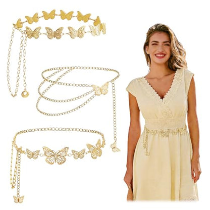 3 Pcs Gold Chain Belt for Women, Adjustable Waist Chain with Clover Butterfly Disc Pendants, Body Jewelry, Boho Belts for Women, Summer Beach Party - color: Gold-3