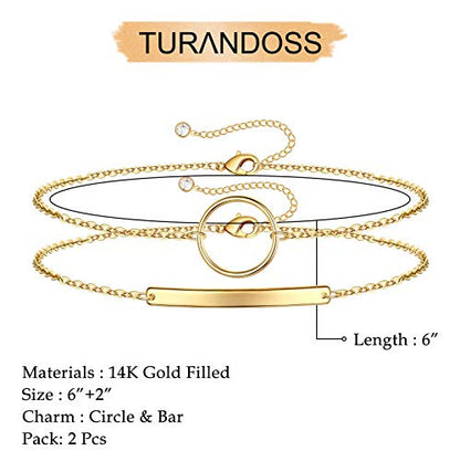 Dainty Gold Bracelets for Women, 14K Gold Plated Adjustable Layered Beads Bracelet Cute Evil Eye Oval Chain Pearl Bar Turtle Gold Bracelets for Women Jewelry - style: Circle&Bar