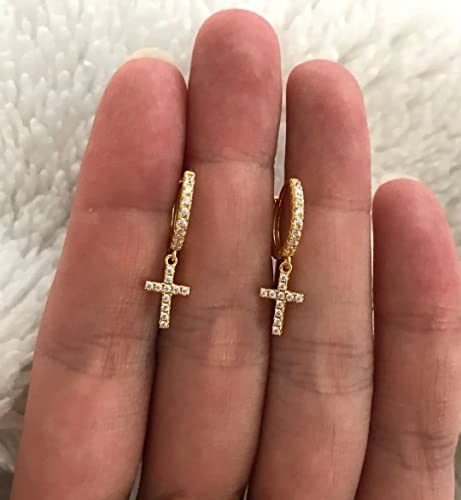 DAILY VIBES Cute Gold Mini Dangle Huggie Hoop Earrings for Women Trendy | 14K Gold Plated, Dainty Cubic Zirconia, Small Hoop Earrings with Charm Drop, Jewelry Gift for Women Ladies - color: Cross CZ