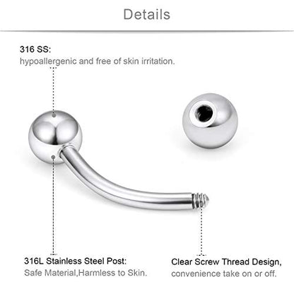 SCERRING 14G Clear Acrylic Bioflex & Stainless Steel Curved Barbell Nipplerings Snake Eyes Tongue Ring Piercing Retainer 16-24PCS - style: 24PCS - 12mm Clear&Silver