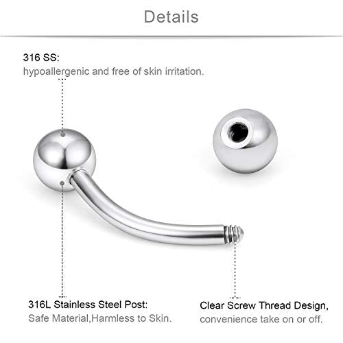 SCERRING 14G Clear Acrylic Bioflex & Stainless Steel Curved Barbell Nipplerings Snake Eyes Tongue Ring Piercing Retainer 16-24PCS - style: 24PCS - 16mm Clear&Silver