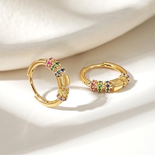 Dremmy Studios Dainty CZ Huggie Hoop Earrings 14K Gold Plated Chunky Simple Cute Thick Round Frill Bead Ball Starburst Cuff Earrings Cubic Zirconia Hoop Earrings Minimalist Personalized Gift for Her - color: Rainbow B