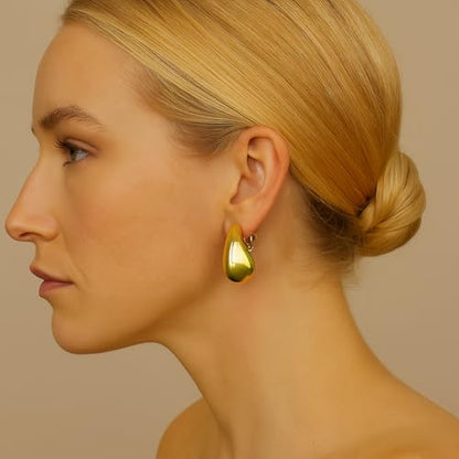 14K Gold Clip On Earrings Women,Teardrop Chunky Detachable Hoop Clip-On Earrings for Non Pierced Ears Hypoallergenic Lightweight Earring Clips - color: Gold