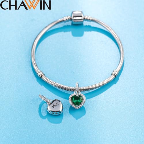 CHAWIN Birthstone Charms, 925 Sterling Silver Heart Dangle Charm, Sparkling CZ Compatible with Pandora Charm Bracelet, Necklace, Birthday Gifts for Women/Wife/Mother - style: 05# May