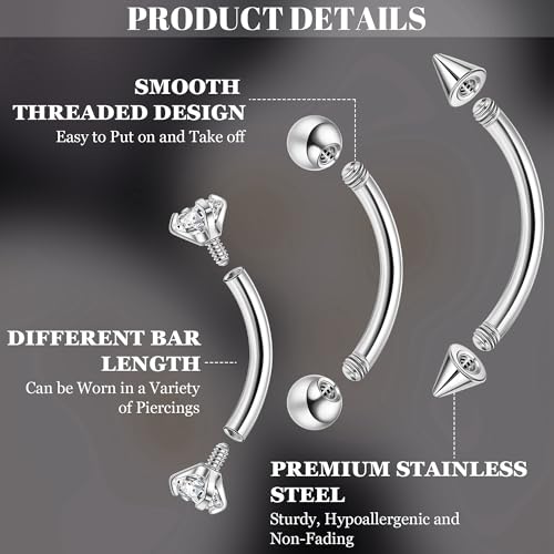 NICEIGHT 12Pcs 16G 18G Surgical Steel Eyebrow Piercing Jewelry for Women Men Small Curved Barbell Rings Vertical Labret Lip Jewelry Ear Rook Helix Daith Ring 6-12MM with 12Pcs Replacement Balls - color: Silver, size: 16G