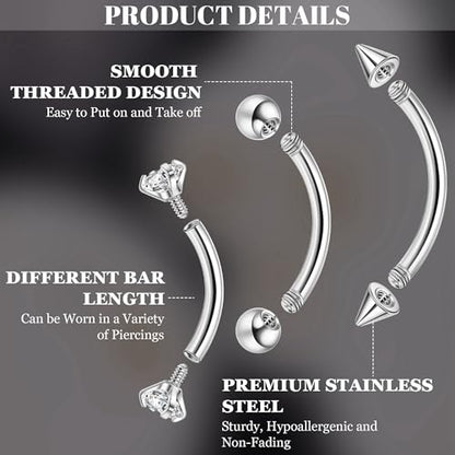 NICEIGHT 12Pcs 16G 18G Surgical Steel Eyebrow Piercing Jewelry for Women Men Small Curved Barbell Rings Vertical Labret Lip Jewelry Ear Rook Helix Daith Ring 6-12MM with 12Pcs Replacement Balls - color: Silver, size: 16G