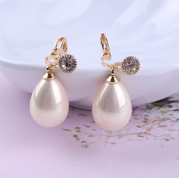 Pearl Clip on Earrings for Women - 14K Gold Silver Plated Cubic Zirconia Non Pierced Ear Clips Jewelry Gifts for Wedding Bridal Party Gifts - color: White-10mm