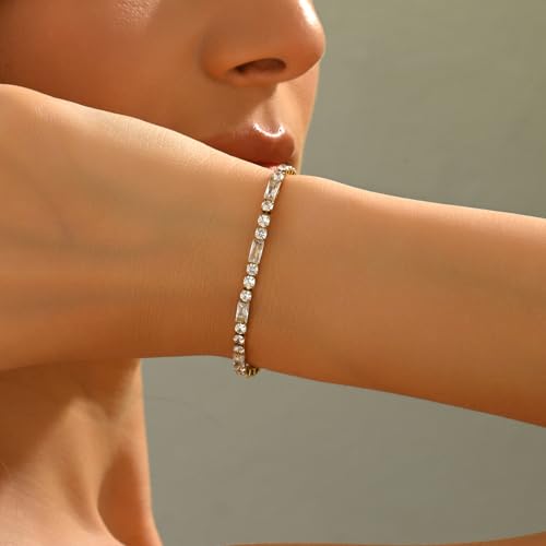 Tennis Bracelet for Women 18K Gold Plated White Red Green Black Blue Pink 3mm Cubic Zirconia Bracelet Dainty Diamond Adjustable Bracelet Trendy Jewelry Gift - color: White Tennis-Gold