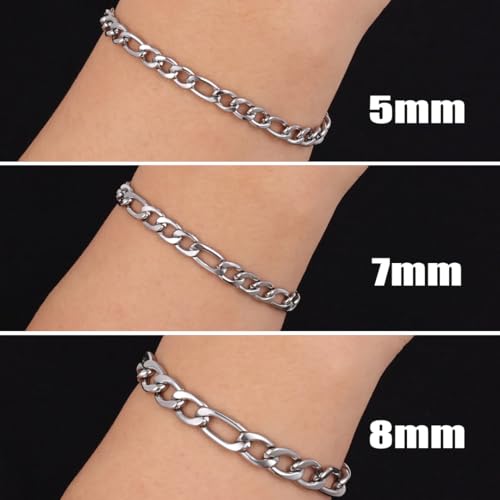 Fiusem Figaro Link Mens Bracelet | 5/7/8mm Stainless Steel Link Chain Bracelets for Men, 6.7"/7.5"/8.3"/9.0" Length - color: 5mm width-steel, size: 9.0 inches