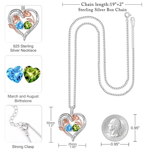 Iefil Birthstone Necklace for Women - Rose Heart Necklace | 925 Sterling Silver, Gift Box Packaging, Anniversary Birthday Gifts for Wife Mom Daughter - color: 03-08-Mar-Aug Birthstone