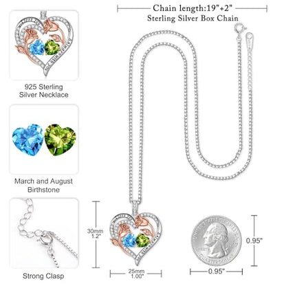 Iefil Birthstone Necklace for Women - Rose Heart Necklace | 925 Sterling Silver, Gift Box Packaging, Anniversary Birthday Gifts for Wife Mom Daughter - color: 03-08-Mar-Aug Birthstone