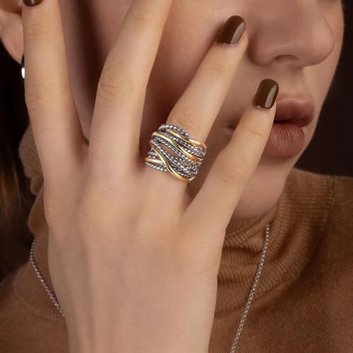 Mytys Wide Band Rings Twisted Rope Ring Two-Tone Mixed Metal Braided Statement Rings Fashion Jewelry for Women - color: Gold and silver