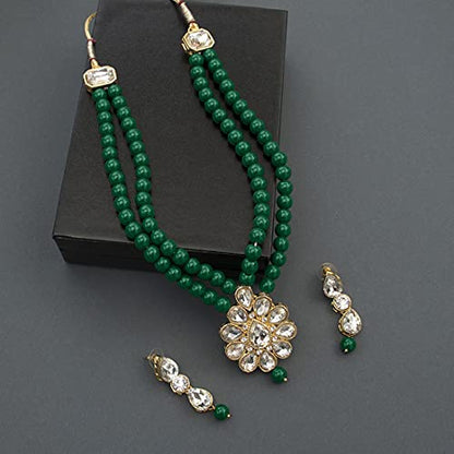 Aheli Wedding Faux Kundan Pendant Beaded Necklace Earrings Set Bollywood Indian Bharatanatyam jewellery set Gift for Women - color: Green