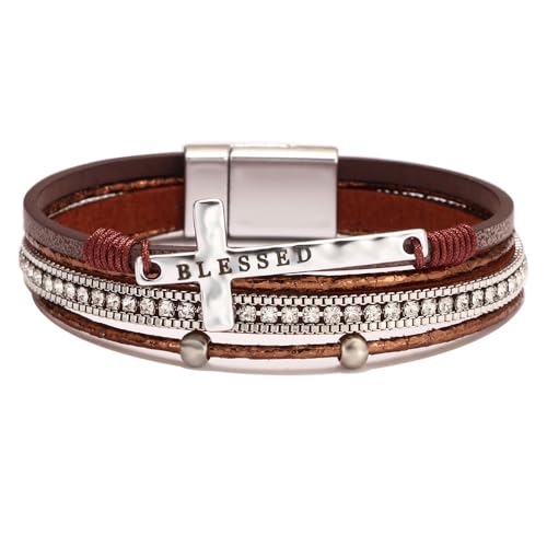 Religious Cross Engraved Blessed Leather Wrap Match Strand Bracelet for Women Multi-Layer Boho Beaded Cuff Bangle Bracelet Christian Jewelry - color: Brown