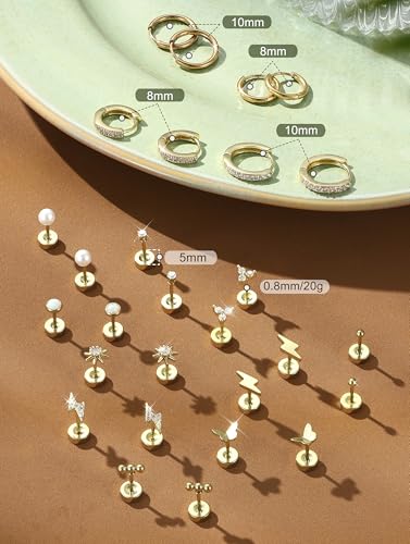 Flat Back Gold Earrings for Women Trendy Hypoallergenic Surgical Steel Earrings for Sensitive Ears-20G Cartilage Earring Stacks 14K Gold Plated Small Flatback Stud Hoops Cartilage Earring Set - color: 14K Gold Plated