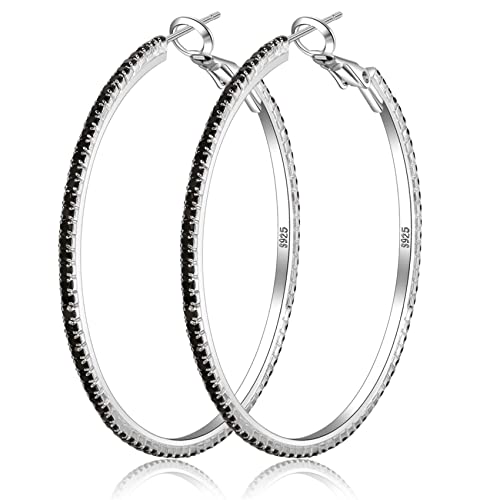 925 Sterling Silver Earrings Large Rhinestone Hoop Earrings Big Cubic Zirconia Hoop Earrings Thin Rhinestones Round Hoop Earrings for Women 20/30/40/50/60/70mm Sparkly Hoops With Crystals for Womens - color: black,50mm