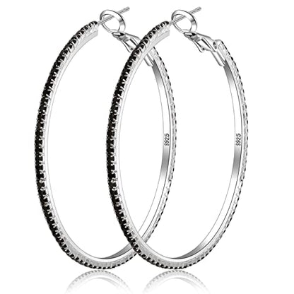 925 Sterling Silver Earrings Large Rhinestone Hoop Earrings Big Cubic Zirconia Hoop Earrings Thin Rhinestones Round Hoop Earrings for Women 20/30/40/50/60/70mm Sparkly Hoops With Crystals for Womens - color: black,50mm