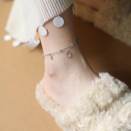 Layered Star and Moon Anklet for Women Waterproof Titanium Steel | Adjustable Gold/Silver Ankle Bracelet for Everyday Wear, Shower Safe Celestial Jewelry Gift, Dainty Summer Beach Foot Jewelry - color: Silver
