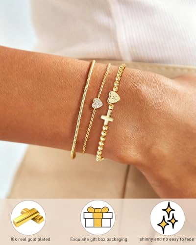 TLY Gold Beaded Bracelets for Women Cross Initial Elastic Stretch Bracelet | 14K Gold Plated Dainty Cute Trendy Friendship Bracelets Stack A-Z Heart Letter Charm Bracelet Jewelry Gifts for Women Teen - color: D