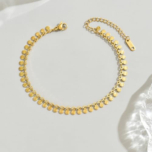 18K Gold Plated Ankle Bracelets for Women Dainty Star Coin Teardrop Square Tassel Anklets Cute Dangle Foot Chain Stainless Steel Beach Foot Jewelry - style: Textured Coin Tassel-Gold