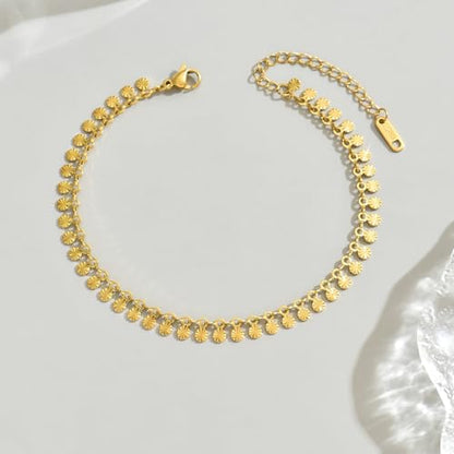 18K Gold Plated Ankle Bracelets for Women Dainty Star Coin Teardrop Square Tassel Anklets Cute Dangle Foot Chain Stainless Steel Beach Foot Jewelry - style: Textured Coin Tassel-Gold