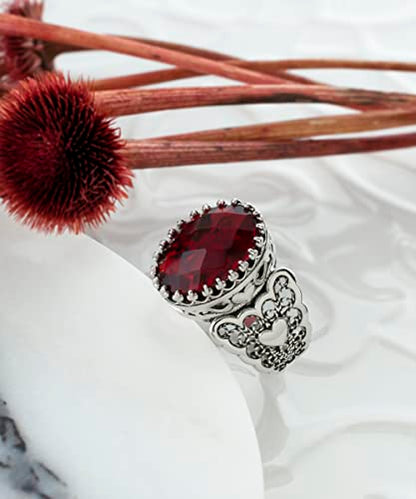 Filigranist 925 Sterling Silver Handcrafted Filigre Art Double Heart Detailed Women Cocktail Ring with Gemstones - color: Ruby Quartz