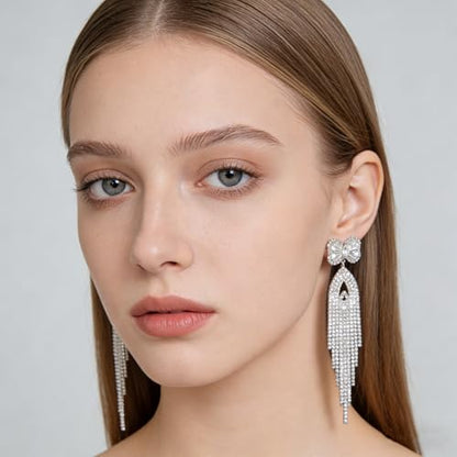 Rhinestone Earrings Dangling for Women Sparkly Silver Dangle Earrings Girls Long Chandelier Earrings Tassel Lightweight Ear Studs Cubic Zirconia (KE001S-W) - color: Bow YXE039PL-W