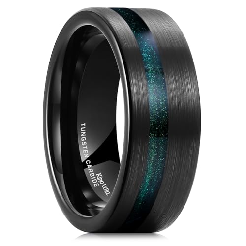 King Will Tungsten Rings for Men with Galaxy Shell Sand Meteorite Inlay | Black, 8mm, Brushed, Pipe Cut, Shell inlay, Everyday Wear - color: Blue Green
