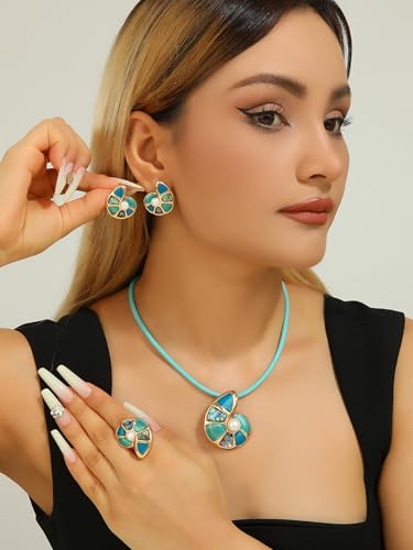 Chunky Statement Jewelry Set Blue Ocean Seashell Choker Necklaces Earrings Set for Women Pearl Bib Collar Necklaces for Party Prom Pageant Summer Fashion Jewelry Unique Birthday Gift - style: sea snail pearl JS Ring gold blue