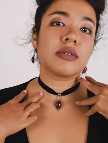 Red Velvet Victorian Choker, Black Choker, Gothic Goth Vintage Necklace | Zinc Alloy, Glass, Velvet, 12.6 in & 4.3 in extender chain, Gothic Vintage Steampunk Jewelry, Halloween Costumes Jewelry
