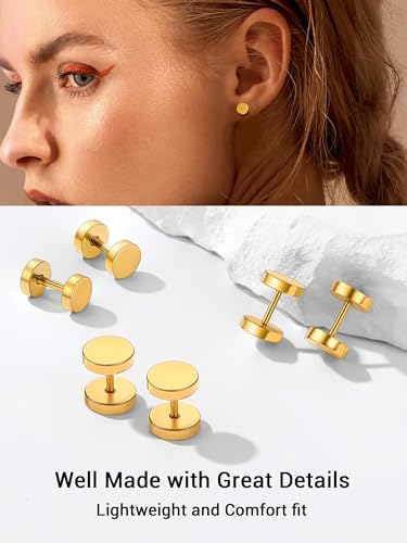 PROSTEEL Stainless Steel Huggie Hoop Earrings for Mens Gold/Black/Silver | Skull/Infinity Pattern, Spike/Cuban Links 4 Design Options Hypoallergenic Lightweight Earring Hip Hop Punk Gothic Jewelry - style: 10-Flat Stud-Gold(3 Pairs)