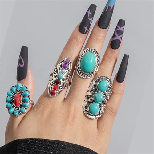 4 Pieces Vintage Turquoise Rings Set for Women Bohemian Western Natural Turquoise Geometric Flower Rings Retro Western Style Country Concert Jewelry Gifts