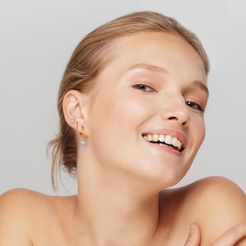 Surgical Steel Small Stud Clover Drop Dangle Huggie Hoop CZ Stud Earrings - color: C-14K Gold Plated R