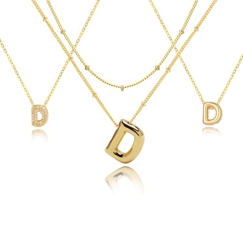 stino 4PCs Bubble Initial Letter Necklace Set, No Tarnish 14K Gold Plated Alphabet Pendant, Jewelry for Women - style: D