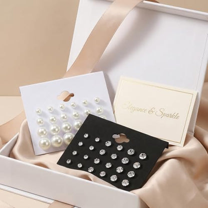 24 Pairs Pearl Studs Earrings for Women, Faux Simulated Pearl Earrings 4 Mixed Sizes Round Ball Pearls Stud Earring Set - color: Beige, Clear