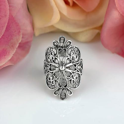 Filigranist 925 Sterling Silver Artisan Made Handcrafted Lace Embroidery Filigree Art Women Cocktail Statement Ring - style: Cross
