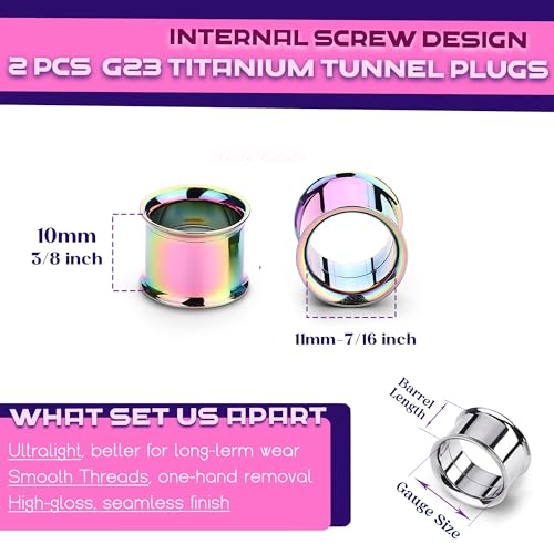 2Pcs G23 Titanium Double Flared Earrings Internally Threaded Gauges for Ears Weights Eyelet Tunnel Plug Stretching Kit From 3mm to 25mm Women Men - color: Rainbow, size: 11mm-7/16"