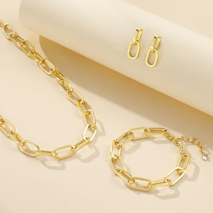 KesaPlan Gold Chain Necklace Bracelet and Earrings for Women Silver Chunky Jewelry Set, 14K Gold Plated Ladies Dainty and Chunky Chain Link Paperclip Jewelry Set for Women Gifts - style: Paperclip Set Gold 3