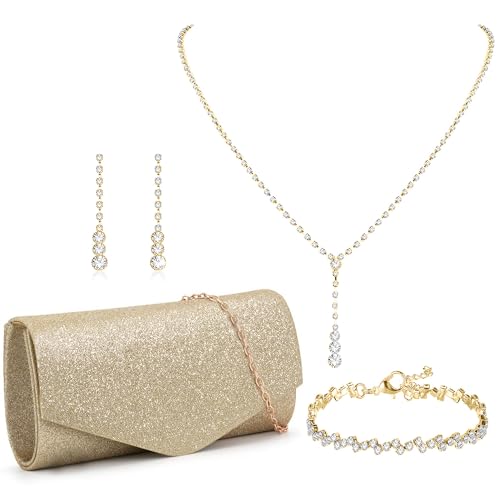 FEYIR Clutch Purse Jewelry Set for Women Evening Bags Rhinestone Crystal Necklace Earrings Bracelet Set Formal Wedding Bridal Accessories Jewelry for Prom - color: Gold Charming