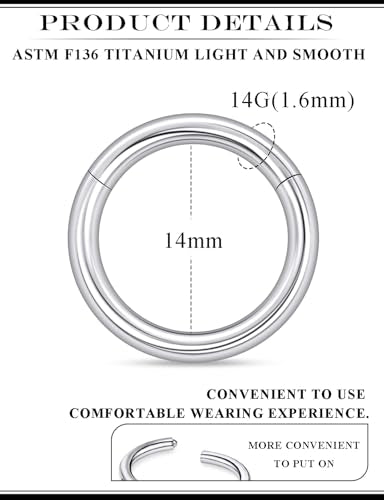 20G 18G 16G 14G 12G 10G 8G 6G 4G 2G Nose Rings Hoops Astm F136 Titanium Clicker Septum Lip Ring Tragus Helix Daith Rook Conch Snug Cartilage Lobe Earrings Hoop Piercing Jewelry For Women Men - size: 14G-14MM
