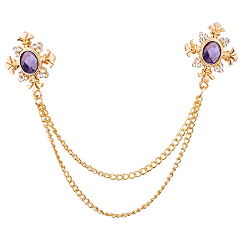 Elegant Cross With Hanging Chain Brooch Gold Silver Plated Oval Crystal Rhinestone Corsage Tassel Chain Suit Jacket Brooch Pin for Men Husband Gifts - color: gold+purple