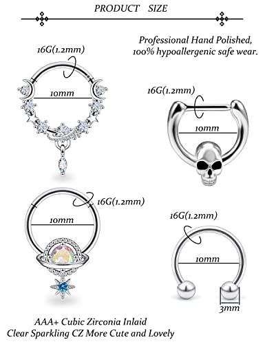 Vsnnsns 16G Septum Rings Piercing Jewelry 316L Stainless Surgical Steel Skull Flower Dangle Clicker Horseshoe Septum Nose Rings Hoop Piercing Jewelry for Women Men Silver Black Rose Gold 10mm - color: Silver Tone