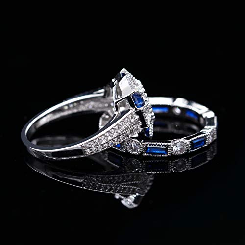 Uloveido Women's Platinum Plated Rectangular Cut Blue Cubic Zirconia 2 Pcs Engagement Wedding Band Rings Set Gift RJ497
